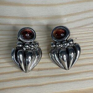 Vintage Silver-Tone Earrings With Amber-Like Gem Accents
